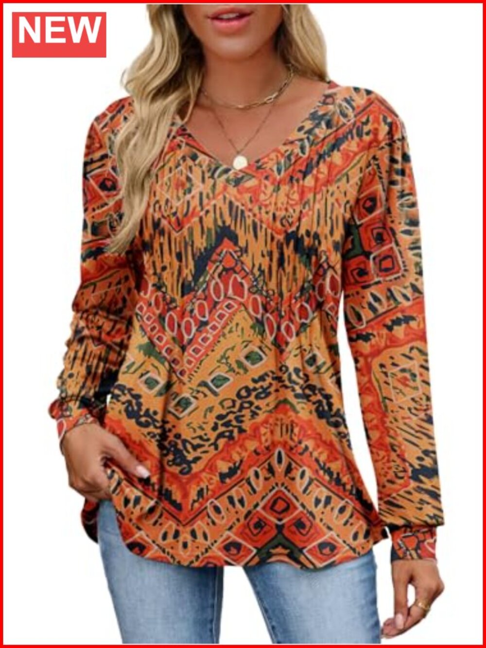 Long Sleeve V Neck Tunic Top Loose Fit Casual Blouse for Work Daily Wear
